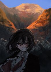  1girl ahoge backlighting black_capelet blue_sky bow brown_hair capelet clear_sky collared_shirt commentary_request dusk floating_clothes floating_hair grass hair_bow hawao highres looking_at_viewer medium_hair mountain necktie open_mouth outdoors red_eyes red_necktie scenery shirt sky smile solo sweatdrop touhou unworn_headwear upper_body usami_renko white_shirt 