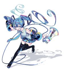  1girl arm_tattoo black_boots black_skirt blue_eyes boots breasts cable collared_shirt detached_sleeves floating_hair grey_shirt hashtag-only_commentary hatsune_miku hawikara headphones headset highres holding holding_megaphone long_hair looking_at_viewer megaphone miniskirt necktie open_mouth pleated_skirt shadow shirt simple_background skirt sleeveless sleeveless_shirt small_breasts smile solo tattoo thigh_boots twintails very_long_hair vocaloid white_background 