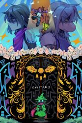  1boy 1girl 1other absurdres ace_(playing_card) ace_of_diamonds ace_of_hearts black_hair blue_pants card commentary delta_rune_(symbol) deltarune diamond_(shape) door english_commentary falling glasses goomyloid grass green_robe green_sweater heart highres jacket kris_(dark_world)_(deltarune) kris_(deltarune) opaque_glasses pants playing_card purple_jacket ralsei ralsei_(hat) reptile_girl robe round_eyewear shirt signature susie_(dark_world)_(deltarune) susie_(deltarune) sweater utdr_(toby_fox) white_shirt 