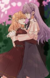  2girls black_ribbon blurry blurry_background blush braid brown_dress cerise_bouquet closed_eyes closed_mouth collared_shirt commentary crown_braid dress earrings feet_out_of_frame flower_earrings frilled_sleeves frills green_eyes hair_ornament hasu_no_sora_school_uniform highres hinoshita_kaho hug jewelry junjun_(kimi-la) link!_like!_love_live! long_hair long_sleeves looking_at_another love_live! medium_dress medium_skirt multiple_girls mutual_hug neck_ribbon open_mouth otomune_kozue otomune_kozue_(post-graduation) pink_shirt pleated_dress profile purple_hair rabbit_hair_ornament ribbon sailor_collar sailor_dress school_uniform shirt skirt smile two_side_up very_long_hair virtual_youtuber white_sailor_collar winter_uniform 