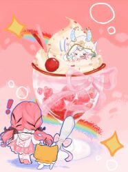  ! >_< 2girls ahoge animal backpack bag belt black_belt black_bow black_ribbon blue_horns bow bubble cat chenzui18100 cherry chibi chinese_commentary cloak clothed_animal commentary_request dragon_girl dragon_horns ear_covers fang food frilled_shirt frilled_skirt frilled_sleeves frills from_behind fruit hair_bow hair_ribbon happy high_heels highres holding holding_spoon hood hood_up hooded_cloak horns horns_through_hood ice_cream in_food infinity_nikki kneehighs long_hair long_sleeves low_twintails medium_skirt momo_(nikki) motion_lines multiple_girls nikki_(nikki) nikki_(series) open_mouth original oversized_food oversized_object perfect_start_(infinity_nikki) pink_background pink_bow pink_hair pink_ribbon pink_shoes pink_skirt pleated_skirt pocky print_skirt puffy_long_sleeves puffy_sleeves pumps rainbow ribbon sahir_(chenzui18100) shirt shoes skirt smile snowflake_print socks sparkle spoon standing sundae tress_ribbon twintails very_long_hair wavy_hair white_bag white_cat white_hood white_shirt white_socks yellow_cloak 