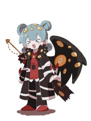  >_< 1other 890_si1kworm :d black_coat black_pants blue_hair blush coat commentary_request double_bun e.g.o_(project_moon) employee_(project_moon) hair_bun justitia_(e.g.o) lamp_(e.g.o) lobotomy_corporation nugget_(project_moon) open_clothes open_coat other_focus pants print_shirt project_moon red_shirt shirt simple_background smile solo standing sword sword_on_back twilight_(e.g.o) weapon weapon_on_back white_background 