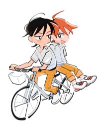  2boys bicycle bicycle_basket black_hair collared_shirt fang hair_between_eyes imaizumi_shunsuke looking_at_another looking_to_the_side male_focus multiple_boys naruko_shoukichi o_omome open_collar open_mouth pants plaid_clothes plaid_pants red_hair riding riding_bicycle school_uniform shirt shirt_tucked_in shoes short_hair sideways_glance simple_background sneakers triangle_mouth white_background white_shoes wing_collar yellow_pants yowamushi_pedal 