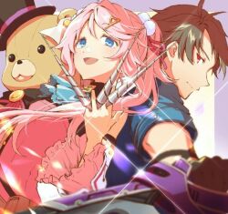  1boy 1girl ascot between_fingers black_gloves black_hair blue_ascot blue_eyes blue_jacket detached_sleeves eiyuu_densetsu gloves hajimari_no_kiseki holding holding_needle holding_sword holding_weapon hwhh jacket long_hair looking_at_viewer nadia_rayne needle needles_between_fingers open_mouth pink_hair pink_shirt red_eyes shirt sleeveless sleeveless_shirt smile stuffed_animal stuffed_toy swin_abel sword teddy_bear throwing_needles twintails weapon 