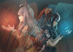  2girls absurdres animal_ears blue_eyes blush brown_hair closed_mouth clothing_cutout cropped_jacket feathered_wings feathers fingerless_gloves from_side gloves hat highres horse_ears horse_girl horse_tail jacket long_hair mejiro_mcqueen_(end_of_the_skies)_(umamusume) mejiro_mcqueen_(umamusume) midriff mini_hat mini_top_hat multicolored_hair multiple_girls official_alternate_costume ootato open_mouth ponytail purple_hair red_jacket short_sleeves shoulder_cutout smile streaked_hair tail tilted_headwear tokai_teio_(beyond_the_horizon)_(umamusume) tokai_teio_(umamusume) top_hat umamusume violet_eyes white_gloves white_hair white_hat wings 