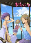  :d against_railing bare_shoulders bird blush brown_hair camisole dress hair_bobbles hair_ornament hair_ribbon hat highres long_hair looking_at_viewer multiple_girls ocean open_mouth original ponytail purple_hair ribbon seagull shorts smile sun_hat sunlight twintails white_dress yoropa 