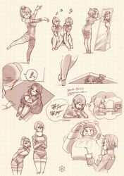  ! 6+girls android ara_(signalis) closed_eyes commentary_request crossed_arms dancing eule_(signalis) grid_background hat mirror monochrome multiple_girls multiple_views musical_note mynah_(signalis) nika_7o7 signalis simple_background sitting smile spoken_exclamation_mark standing star_(signalis) storch_(signalis) yellow_background 