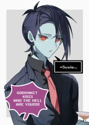  1other absurdres black_hair blue_skin business_suit colored_skin cup deltarune drinking_glass highres hikokisleep247 holding holding_cup kris_(dark_world)_(deltarune) kris_(deltarune) kris_(gangster)_(deltarune) necktie ponytail red_eyes short_hair suit utdr_(toby_fox) wine_glass 