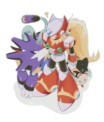  1boy ? armor bass_(mega_man) blonde_hair chest_jewel crossover dr._wily_(mega_man) forehead_jewel full_body helmet highres long_hair male_focus mega_man_(classic) mega_man_(series) mega_man_x_(series) non-humanoid_robot olf_megaman purple_armor purple_helmet red_armor red_helmet robot robot_animal robot_dog simple_background standing treble_(mega_man) white_background zero_(mega_man) 