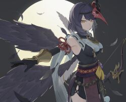  1girl bird_mask black_hair black_wings bow_(weapon) breast_curtains breasts closed_mouth detached_sleeves feathered_wings feathers genshin_impact highres holding holding_weapon japanese_clothes kujou_sara large_breasts looking_at_viewer mask mask_on_head multiple_wings nium_404 red_mask short_hair solo tassel vision_(genshin_impact) weapon wide_sleeves wings yellow_eyes 
