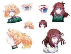  2girls ahoge blonde_hair blue_eyes breast_pocket breasts brown_hair closed_eyes closed_mouth collared_jacket collared_shirt commentary_request cross eye_focus eyelashes floating_hair from_side green_jacket hair_between_eyes head_only high_ponytail iron_cross jacket long_hair long_sleeves looking_at_viewer looking_up medium_breasts military_jacket military_uniform multiple_girls nanmo112 open_mouth pocket ponytail shirt simple_background smile tanya_degurechaff upper_body viktoriya_ivanovna_serebryakov wavy_hair white_background white_shirt youjo_senki 