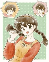  1boy 2girls :d braid brown_hair commentary_request fangs green_background green_eyes hairband hibiki_ryouga highres multiple_girls overalls ranma-chan ranma_1/2 red_hairband shii_rumic short_hair single_braid smile sweatdrop tendou_akane twin_braids upper_body v-shaped_eyebrows yellow_hairband yellow_overalls 