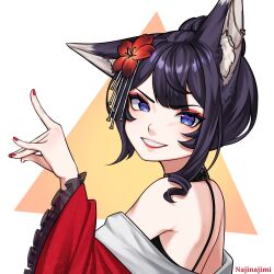  1girl animal_ear_fluff animal_ears bare_shoulders blue_eyes eeiris_zuro eeiris_zuro_(chinese_new_year_2026) flower fox_girl fox_shadow_puppet frilled_sleeves frills hair_flower hair_ornament highres indie_virtual_youtuber looking_at_viewer makeup najinajimi short_hair solo virtual_youtuber wide_sleeves 