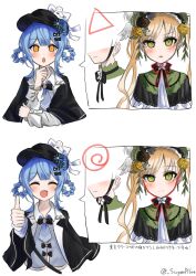  2girls :d :o black_capelet black_hat blonde_hair blue_hair braid braided_hair_rings capelet closed_eyes commentary green_bonnet green_capelet green_eyes hair_rings hand_on_own_chin hat highres lolita_fashion long_hair long_sleeves looking_at_viewer mahou_shoujo_no_majo_saiban multiple_girls multiple_views neck_ribbon nyozuki_(trid) open_mouth ribbon short_hair smile speech_bubble tachibana_sherry thumbs_up tono_hanna twintails untranslatable_commentary upper_body white_background yellow_eyes 