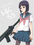  bad_id black_eyes black_hair gun hk53_(upotte!!) kawanishi_futami pantyhose school_uniform serafuku skirt solo upotte!! weapon 