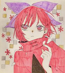  1girl @_@ arm_up black_shirt bow capelet commentary_request falling_petals floral_background flower grey_background grid_background hair_bow holding holding_petal long_sleeves looking_at_viewer medium_hair parted_lips petals purple_bow red_capelet red_eyes red_flower red_hair ribbon ribbon-trimmed_bow ribbon_trim sekibanki shikishi shirt simple_background solo swept_bangs teeth toraneko_2 touhou turtleneck_capelet upper_body white_background white_petals white_ribbon wide_sleeves yellow_background 