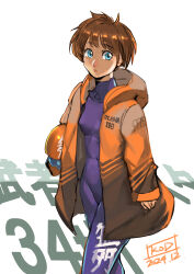  1girl absurdres aleste blue_eyes blue_visor bodysuit brown_hair closed_mouth commentary_request covered_navel dated ellinor_weisen helmet highres hood hoodie koguma_hiroki looking_at_viewer mecha_pilot_suit musha_aleste official_artist_extra short_hair solo white_background 