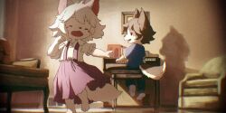  1boy 1girl animal_ears animal_nose brown_hair chair child closed_eyes commentary dancing dog_boy dog_ears dog_girl dog_tail english_commentary film_grain furry furry_female furry_male indoors instrument music open_mouth original playing_instrument playing_piano purple_skirt shadow shirt sitting skirt standing suspender_skirt suspenders sykana tail white_hair 