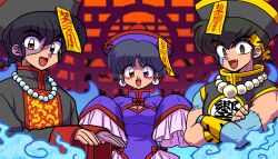  1girl 2boys bead_necklace beads black_hair blue_eyes brown_eyes chinese_clothes cleavage_cutout clothing_cutout crossed_arms dress fang halloween_costume hat heterochromia hibiki_ryouga highres jewelry jiangshi_costume multiple_boys muscular muscular_male necklace ofuda ofuda_on_head outstretched_arms patchwork_skin pink_eyes purple_dress qingdai_guanmao ranma_1/2 saotome_ranma short_hair sleeves_past_wrists tendou_akane violet_eyes wanta_(futoshi) zombie_pose 