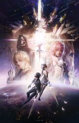  1other 2boys 2girls 3boys absurdres aemeath_(wuthering_waves) ahoge arms_up artist_name back bare_shoulders black_dress black_gloves black_hair black_jacket black_pants blonde_hair breasts closed_mouth coat collared_jacket colored_inner_hair commentary cross-laced_clothes dress dual_persona elbow_pads english_commentary exostrider_(wuthering_waves) father_and_daughter female_rover_(wuthering_waves) full_body gloves grey_shirt hair_extensions high_heels highres holding holding_sword holding_weapon index_finger_raised jacket large_breasts leotard long_hair looking_at_viewer low_ponytail luuk_herssen_(wuthering_waves) male_rover_(wuthering_waves) mask medium_breasts multicolored_hair multiple_boys multiple_girls orange_eyes pants paper_airplane partially_fingerless_gloves pink_hair planet ponytail red_eyes ribbon robot rover_(wuthering_waves) schwarzloch_(wuthering_waves) shirt showgirl_skirt space star-shaped_pupils star_(symbol) sword symbol-shaped_pupils ui_uiiiiiiiii weapon white_coat white_gloves white_leotard wuthering_waves yellow_eyes yellow_ribbon 