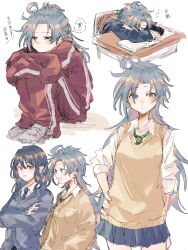 2girls ahoge black_hair blue_cardigan blue_skirt blush brown_cardigan cardigan closed_mouth commentary_request crossed_arms desk ear_piercing earrings expressionless grey_eyes grey_hair hair_between_eyes hand_on_own_hip highres himemushi_momoyo iizunamaru_megumu jersey jewelry long_hair looking_at_viewer multiple_girls parted_bangs parted_lips piercing pointy_ears red_eyes red_track_suit school_desk school_uniform shirt skirt smile touhou track_suit ut0wv variations white_shirt 