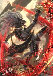 1boy armor armored_animal black_armor breastplate claws covered_eyes elden_ring floating_rock helmet highres holding holding_sword holding_weapon long_hair maliketh's_black_blade maliketh_the_black_blade mane open_mouth ornate_armor red_aura satoyuki sharp_teeth signature solo sword tail teeth weapon white_hair white_mane wolf 
