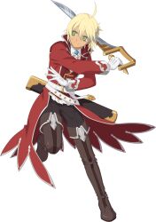  1boy ahoge artist_request black_pants blonde_hair boots brown_boots closed_mouth coat emil_castagnier emil_castagnier_(knight_uniform) fighting_stance full_body game_cg gloves green_eyes highres holding holding_sword holding_weapon looking_to_the_side official_alternate_costume official_art pants red_coat sheath short_hair solo standing standing_on_one_leg sword tales_of_(series) tales_of_asteria tales_of_symphonia tales_of_symphonia_knight_of_ratatosk thigh_boots third-party_source transparent_background weapon white_gloves 