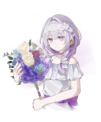  1girl alternate_hair_length alternate_hairstyle bare_shoulders bouquet braid butterfly_earrings castorice_(honkai:_star_rail) castorice_(ingenuity)_(honkai:_star_rail) choker closed_mouth cropped_torso dress earrings hair_intakes hair_over_shoulder hair_ribbon hairband hashtag-only_commentary highres holding holding_bouquet honkai:_star_rail honkai_(series) jewelry kinooo91 long_hair looking_at_viewer official_alternate_costume pointy_ears purple_choker purple_hair purple_sash ribbon sash simple_background smile solo violet_eyes waist_sash white_dress white_hairband 