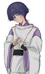  1boy absurdres armor black_bow black_hair black_sash blunt_ends blush bow choppy_bangs cowboy_shot eyeliner feathers genshin_impact hands_up head_tilt highres japanese_armor japanese_clothes kariginu kimono kote kurokote layered_sleeves makeup male_focus negative_space open_mouth own_hands_together pants pelvic_curtain purple_kimono purple_sleeves red_eyeliner rocks_2 sash scaramouche_(genshin_impact) scaramouche_(kabukimono)_(genshin_impact) sketch solo steepled_fingers string violet_eyes white_background white_mouth white_pants white_sleeves wide_sleeves yellow_feathers 