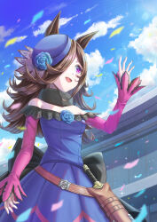  1girl animal_ears bare_shoulders blue_dress blue_flower blue_hat blue_rose blue_sky breasts brown_hair clouds commentary_request confetti dagger dress flipped_hair flower fur_choker hair_over_one_eye hat hat_flower highres horse_ears horse_girl horse_tail knife long_hair long_sleeves off-shoulder_dress off_shoulder othello_katze outdoors rice_shower_(rosy_dreams)_(umamusume) rice_shower_(umamusume) rose sheath sheathed sky small_breasts solo tail tilted_headwear umamusume violet_eyes waving weapon 