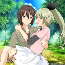  2girls anchovy_(girls_und_panzer) black_ribbon black_shirt blue_sky blush brown_eyes brown_hair carrying carrying_person chikomayo closed_eyes closed_mouth commentary_request drill_hair eyes_visible_through_hair forest girls_und_panzer grey_shirt hair_between_eyes hair_ribbon head_tilt high_ponytail layered_sleeves long_sleeves looking_at_another multiple_girls nature nishizumi_maho one-hour_drawing_challenge open_mouth partially_unbuttoned pink_shirt ponytail ribbon shirt short_hair short_over_long_sleeves short_sleeves skirt sky smile twitter_username undershirt white_skirt yuri 