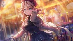  1girl :d adjusting_hair backlighting bare_shoulders belt beret black_belt black_skirt black_sweater blonde_hair blue_eyes blurry blurry_background breasts carole_reaper carole_reaper_(carnival_rendezvous) casual coat copyright_name copyright_notice cowboy_shot earrings eyelashes floating_hair glint grey_coat hair_behind_ear hair_between_eyes hat heaven_burns_red highres jewelry large_breasts looking_at_viewer lower_teeth_only medium_hair miniskirt necklace night official_alternate_costume official_art official_wallpaper open_clothes open_coat open_mouth outdoors plaid_clothes plaid_hat plaid_skirt pleated_skirt railing red_hat ribbed_sweater skirt sleeveless sleeveless_turtleneck smile solo sparkle sweater teeth turtleneck turtleneck_sweater winter_clothes 