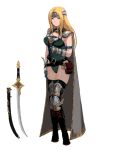  armor belt_pouch blonde_hair blue_eyes boots breasts cape celes_chere female final_fantasy final_fantasy_vi fingerless_gloves full_body gloves headband iwanai_tomoeju leotard long_hair scabbard sheath simple_background solo standing sword thigh-highs thigh_boots thighhighs weapon white_background 