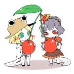 blonde_hair cherry chibi food fruit green_eyes hat kemonomimi_mode kiguchiko lowres moriya_suwako multiple_girls purple_hair red_eyes skirt snake_tail solo tadpole_tail tail thigh-highs thighhighs touhou yasaka_kanako