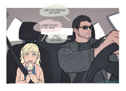  1boy 1girl adoptive_parent_and_adoptive_child beard beard_stubble car child chris_redfield driving english_text facial_hair motor_vehicle resident_evil resident_evil_village rosemary_winters round_eyewear sardine_(kjr0313) stubble sunglasses tinted_eyewear 