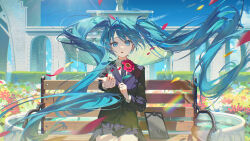  1girl absurdres aqua_eyes aqua_hair aqua_nails bench black_jacket black_necktie collared_shirt commentary_request falling_petals fingernails flower grey_skirt hair_between_eyes hatsune_miku hatsune_miku_(saihate) highres holding holding_flower jacket long_hair miniskirt nail_polish necktie nun_nu on_bench outdoors petals pleated_skirt project_diva_(series) red_flower revision saihate_(vocaloid) shirt sitting skirt solo twintails very_long_hair vocaloid white_shirt wooden_bench 