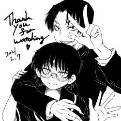  1boy 1girl absurdres arm_around_neck behind_another blush choppy_bangs commentary_request curtained_hair dated english_text freckles freckles-san_(houkago_play) glasses grin hand_on_another's_arm heart highres houkago_play houkago_play_2 looking_at_viewer mizuno_yuuki monochrome school_uniform serafuku sharp_teeth sharp_teeth-kun_(houkago_play) short_hair simple_background smile teeth thank_you upper_body v waving white_background 