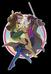  1boy 1girl acecore2k armored_boots belt big_hair black_background black_belt black_sclera blue_boots bo_staff bodysuit boots brown_coat brown_hair brown_jacket coat colored_sclera commentary couple covered_abs english_commentary eye_contact gambit gloves green_bodysuit green_headband hand_on_another's_hand headband hetero highres holding holding_staff holding_weapon jacket long_hair looking_at_another marvel multicolored_bodysuit multicolored_hair muscular muscular_male open_mouth pink_lips red_eyes rogue_(x-men) smile staff sticker superhero_costume teeth trench_coat two-tone_bodysuit weapon white_hair x-men yellow_bodysuit yellow_boots yellow_gloves 