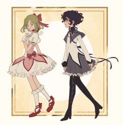  2girls agott_arklaum_(tongari_boushi_no_atelier) akemi_homura akemi_homura_(cosplay) black_hair blush bow brushbuddy coco_(tongari_boushi_no_atelier) cosplay creature dress foxholdme frilled_dress frills gloves green_eyes green_hair hair_bow hair_ribbon highres kaname_madoka kaname_madoka_(cosplay) magical_girl mahou_shoujo_madoka_magica multiple_girls pantyhose ribbon shoes short_hair tongari_boushi_no_atelier violet_eyes white_gloves 