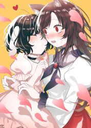  2girls :o @_@ ^_^ absurdres animal_ear_fluff animal_ears black_choker black_hair black_trim blowing_kiss blush brooch brown_hair carrot_necklace choker closed_eyes commentary_request dress falling_petals fangs feet_out_of_frame heart heart-shaped_petals highres holding holding_jewelry holding_necklace imaizumi_kagerou inaba_tewi jewelry kiss long_hair messy_hair multiple_girls necklace nose_blush open_mouth orange_background own_hands_together petals pink_dress pink_petals puckered_lips puffy_short_sleeves puffy_sleeves rabbit_ears rabbit_girl red_dress red_eyes short_hair short_sleeves simple_background surprise_kiss surprised sweatdrop swept_bangs teeth toraneko_2 touhou two-tone_dress upper_teeth_only white_dress wolf_ears wolf_girl yuri 