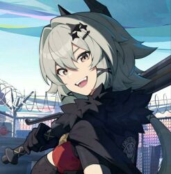  1girl caesar_king_(zenless_zone_zero) long_hair looking_at_viewer open_mouth weapon zenless_zone_zero 