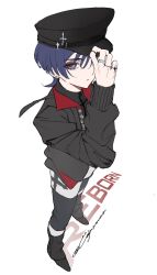  1boy alternate_costume black_hat black_jacket black_pants black_shirt black_shoes black_sleeves blunt_ends casual choppy_bangs closed_mouth cnorkie collared_jacket contemporary cross_hat_ornament eyeshadow from_above full_body genshin_impact hand_up hat hat_tip highres jacket jewelry long_sleeves looking_at_viewer makeup male_focus pants peaked_cap purple_hair red_eyeshadow ring scaramouche_(genshin_impact) shirt shoes solo turtleneck turtleneck_shirt twitter_username undershirt violet_eyes white_background 