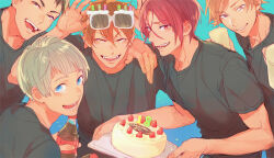  5boys bilingual_commentary birthday_cake birthday_glasses black_shirt blue_background blue_eyes bottle cake commentary_request cup english_commentary food free! holding holding_cup male_focus matsuoka_rin mikoshiba_momotarou minami_kazuki mixed-language_commentary mjo mole mole_under_eye multiple_boys nitori_aiichirou open_mouth red_eyes red_hair sharp_teeth shirt short_hair soda_bottle strawberry_cake teeth uozumi_takuya upper_body 