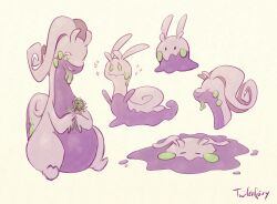  dragon flower goodra goomy green_flower highres no_humans pokemon pokemon_(creature) pokemon_xy signature simple_background sliggoo snail twileefairy yellow_background 