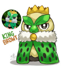  artist_name black_eyes bright_pupils browt closed_mouth clothed_pokemon commentary crown english_commentary full_body green_robe jitome leaf no_humans photo_inset pokemon pokemon_(creature) pokemon_focus reference_inset robe ry-spirit simple_background solo stuffed_toy white_pupils 