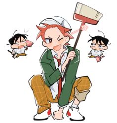  3boys blank_eyes blush broom brown_eyes brown_pants collared_shirt commentary_request dustpan holding holding_broom holding_dustpan imaizumi_shunsuke jacket korean_commentary lapels layered_sleeves long_sleeves looking_at_another male_focus multiple_boys naruko_shoukichi necktie notched_lapels o_omome one_eye_closed open_mouth pants plaid_clothes plaid_pants red_hair red_necktie school_uniform shirt sideways_glance simple_background smile spiky_hair squatting suit_jacket triangle_mouth white_background white_shirt wing_collar yowamushi_pedal 