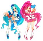  2girls blue_eyes blue_hair boots cure_blossom cure_marine hanasaki_tsubomi heart heartcatch_precure! kurumi_erika long_hair magical_girl mmlu_(honwa_karesu) multiple_girls open_mouth outstretched_hand pink_hair ponytail precure simple_background white_background wrist_cuffs 