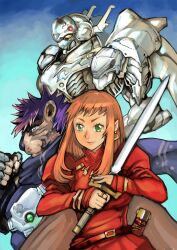  1boy 1girl absurdres aleste cape closed_mouth commentary_request earrings furry furry_male green_eyes highres holding holding_sword holding_weapon jewelry koguma_hiroki mecha official_artist_extra robot smile sword weapon 