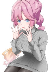  1girl :p anyoji_hime anyoji_hime_(winter_casual) black_pantyhose blonde_hair blue_eyes breasts commentary_request dress gradient_hair grey_sweater highres invisible_chair jewelry large_breasts link!_like!_love_live! long_hair looking_at_viewer love_live! multi-tied_hair multicolored_hair necklace pantyhose parisnoko pink_hair ponytail simple_background sitting solo sweater sweater_dress tongue tongue_out turtleneck turtleneck_sweater very_long_hair virtual_youtuber white_background 