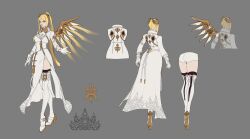 black_thighhighs blonde_hair blue_eyes boots breasts commander_(nier:automata) commander_(nier:automata)_(cosplay) commentary commentary_request cosplay crossover dress front_and_back gloves grey_background high_heel_boots high_heels high_ponytail highres long_dress long_hair long_legs long_sleeves medium_breasts mercy_(overwatch) multiple_views narrow_waist nier:automata nier_(series) official_alternate_costume official_art overwatch pink_lips pointing_out_the_details ponytail reference_sheet side_slit simple_background slim_legs thigh-highs thigh_boots thighhighs_under_boots white_boots white_dress white_gloves wing_collar wings 